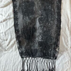 Sequin Fringe Mesh Rectangle Scarf Black Floral Pattern 60x22in Polyester Women
